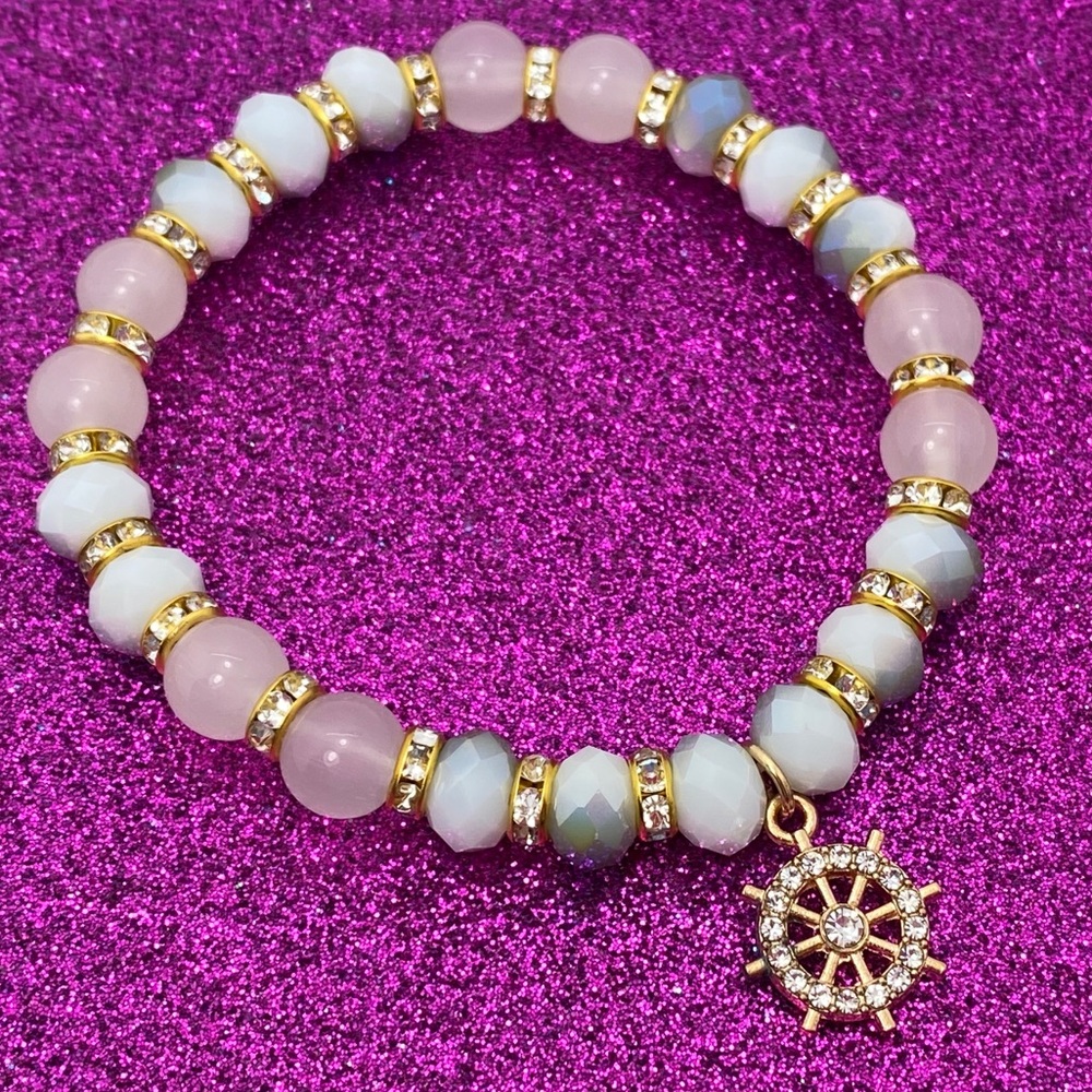Pale Bead Bracelet Rhinestones & Nautical Wheel